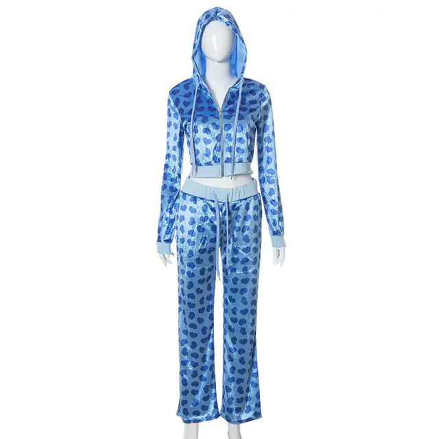 2pc Set Love Printed Hooded Cardigan